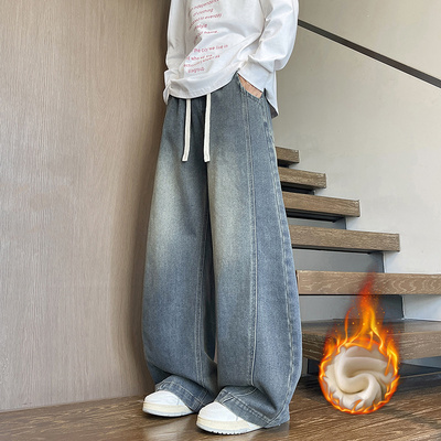 加绒加厚复古弯刀牛仔裤男冬季