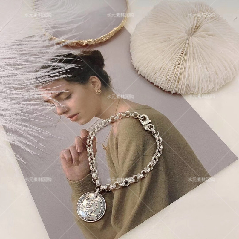 韩国东大门代购925纯银饰ab面钱币头像圆牌吊坠圆圈链手链