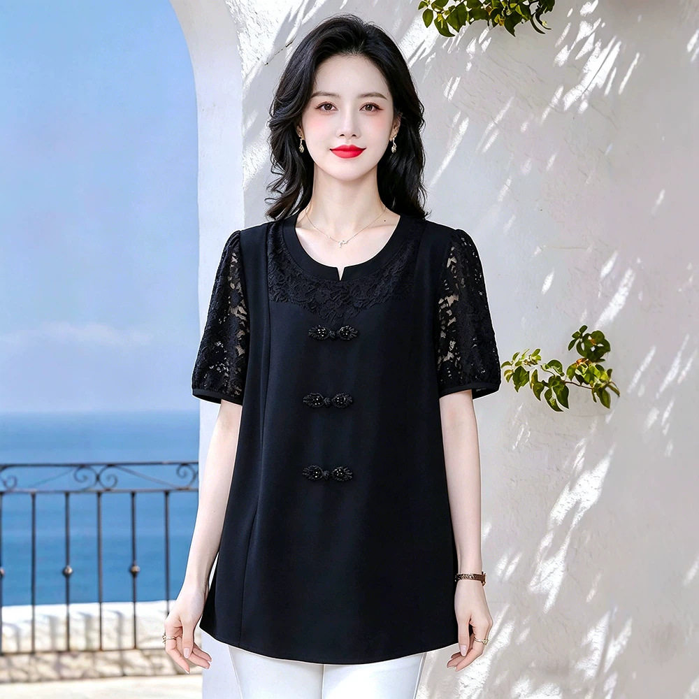 加肥加大码妈妈装夏装短袖蕾丝衫T恤200斤中年妇女小衫遮肚子上衣