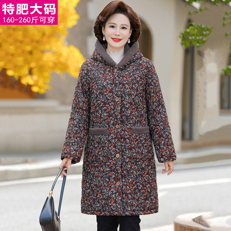 胖妈妈冬装加绒棉衣女中长款加肥