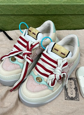 GUCCI古驰 Screener 脏脏鞋皮GG帆布 休闲厚底鞋运动鞋粉色拼接