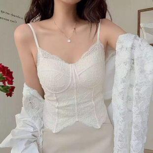 法式鱼骨吊带背心女性感蕾丝带胸垫修身马甲内搭外穿打底上衣薄款