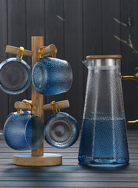 蓝色冷水壶玻璃耐高温水壶家用冷水玻璃水壶凉水杯套装家用冷水壶