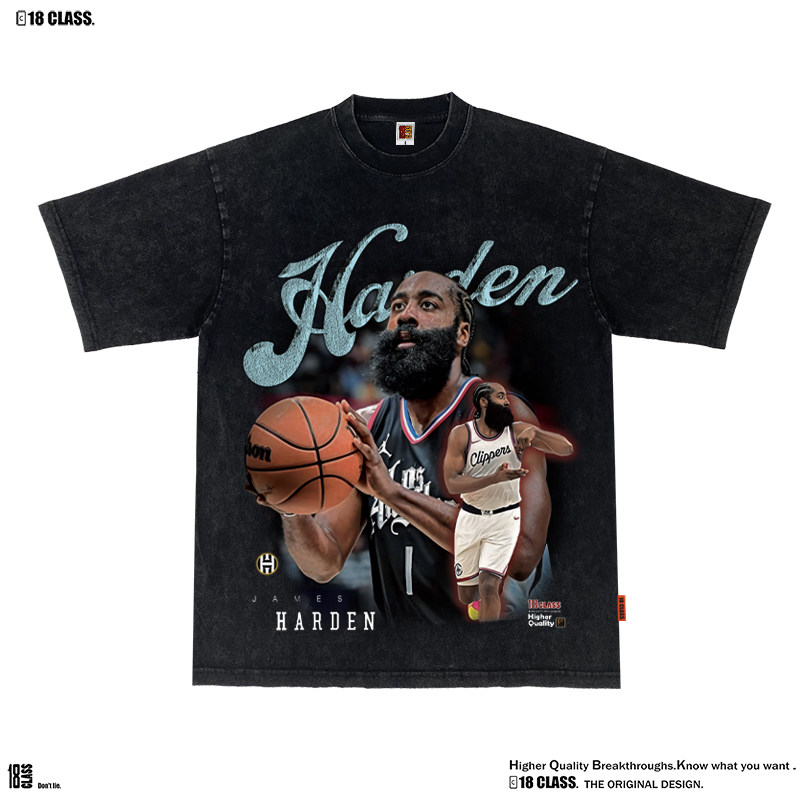 原创Harden哈登美式篮球宽松vintage复古做旧重磅洗水纯棉短袖T恤