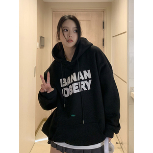 冬灰色字母印花连帽卫衣女oversize宽松加绒加厚外套WY06P68图片