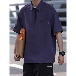 美式vintage衬衫半拉链polo衫男夏季痞帅工装衬衣翻领短袖上衣图片