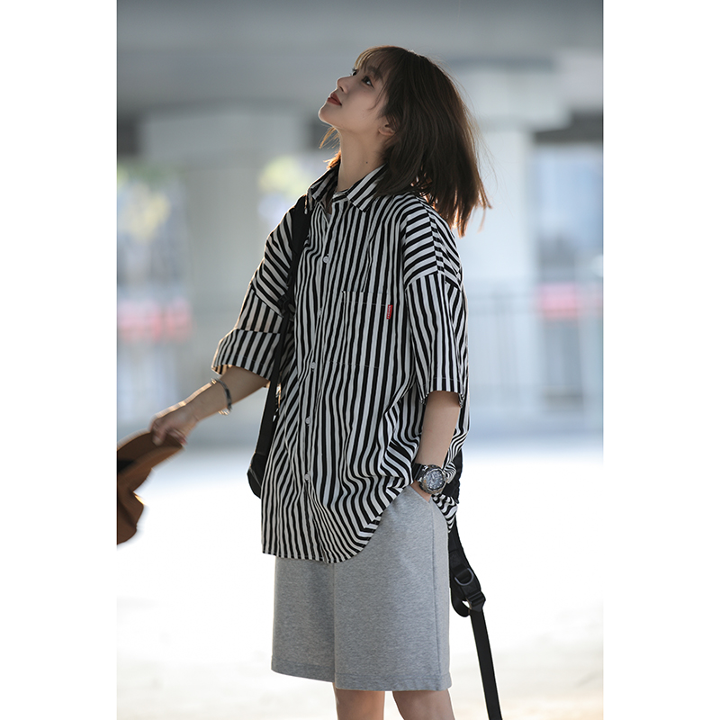 男夏季条纹衬衫外穿2024新款宽松潮流短袖衬衣男士上衣CS07-p45，商品下架区商品下架区，星座710