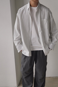 条纹休闲衬衫男秋季宽松长袖衬衣韩版潮流翻领上衣XZ710-803P50图片