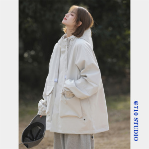vintage冲锋衣外套女春季2025新款学生洋气韩版时尚宽松连帽夹克图片