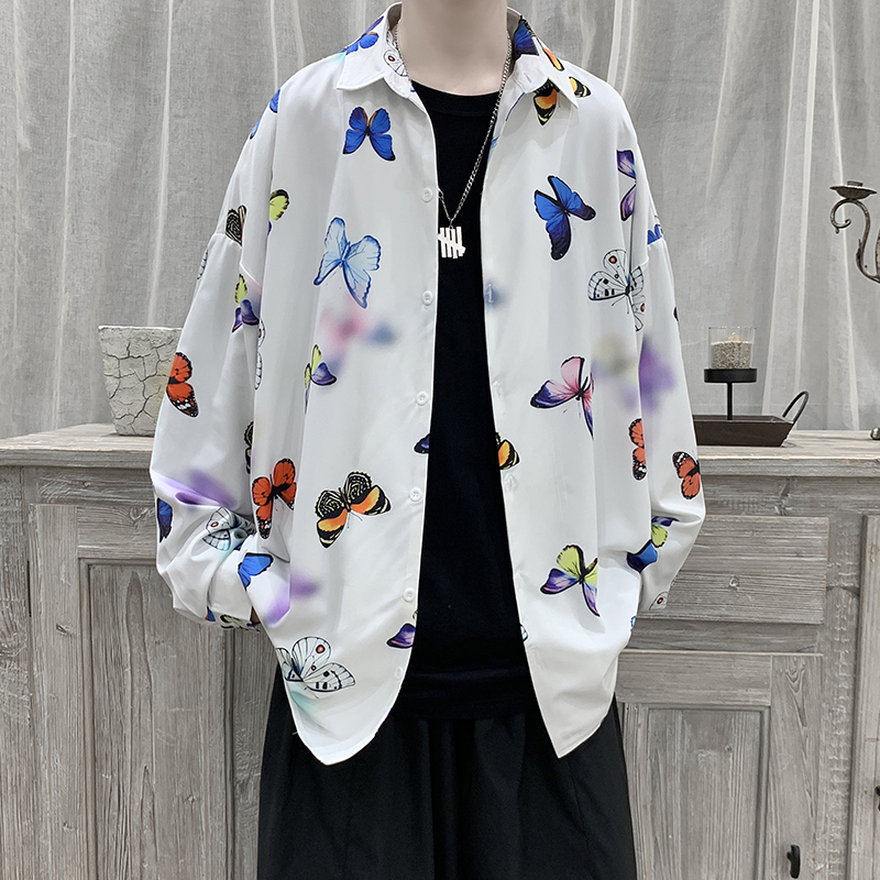 Relaxed leisure trend versatile Butterfly shirt spring flower shirt men's long sleeve Hong Kong Style Korean version handsome