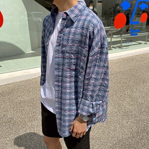 春装新款彩色格子衬衫男长袖夏季防晒薄款衬衣外套3408P45特价图片