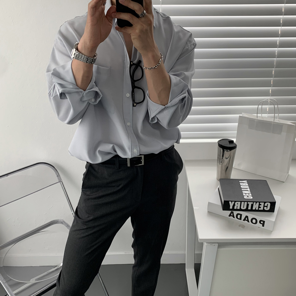 男士长袖衬衫宽松韩版高级感寸衫轻熟风休闲纯色衬衣服3418P45，商品下架区商品下架区，星座710