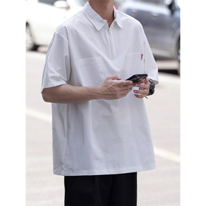 日系工装衬衫男短袖夏季潮牌潮流半拉链套头中性衬衣宽松7001-P45图片