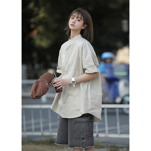 夏季短袖衬衫男学院风休闲中性半袖上衣立领衬衣宽松男CS05-p45图片