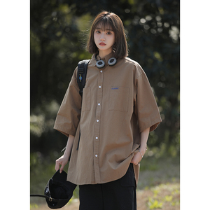 中性情侣衬衫女夏季2025新款短袖上衣宽松领衬衣外套CS09-p45图片