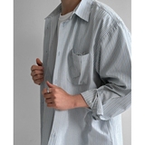 条纹休闲衬衫男秋季宽松长袖衬衣韩版潮流翻领上衣XZ710-806P50，男装衬衫，星座710