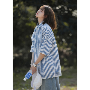 夏季新款条纹短袖衬衫女宽松设计感chic上衣洋气衬衣外套CS07-p45图片