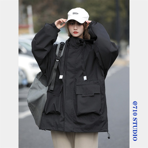 工装连帽外套女日系机能口袋夹克BF情侣宽松户外冲锋衣女CFY03P88图片