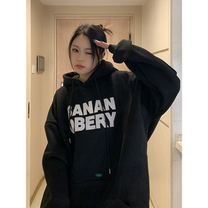 加绒连帽卫衣女冬季宽松oversize上衣加厚情侣外套WY06P68图片