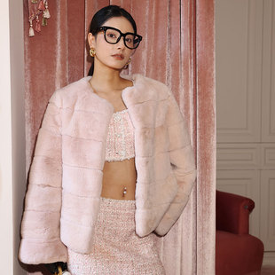 女 进口雷克斯獭兔毛圆领横排皮草外套2025秋冬时尚 茉萱 沁粉佳人