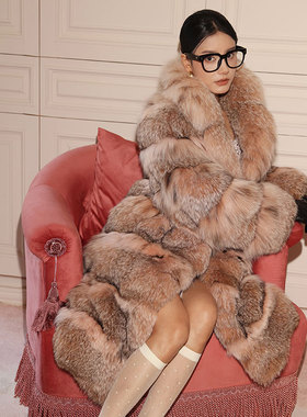 茉萱 宫廷贵妇 美国进口山猫长款翻领时尚舍利皮草外套2025新款女