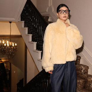 茉萱 初雪来信 进口雷克斯獭兔毛立领短款时尚皮草外套2025秋冬女