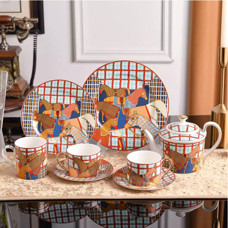 马家布艺格子平盘马杯碟茶壶马克杯西餐盘骨瓷欧式轻奢下午茶