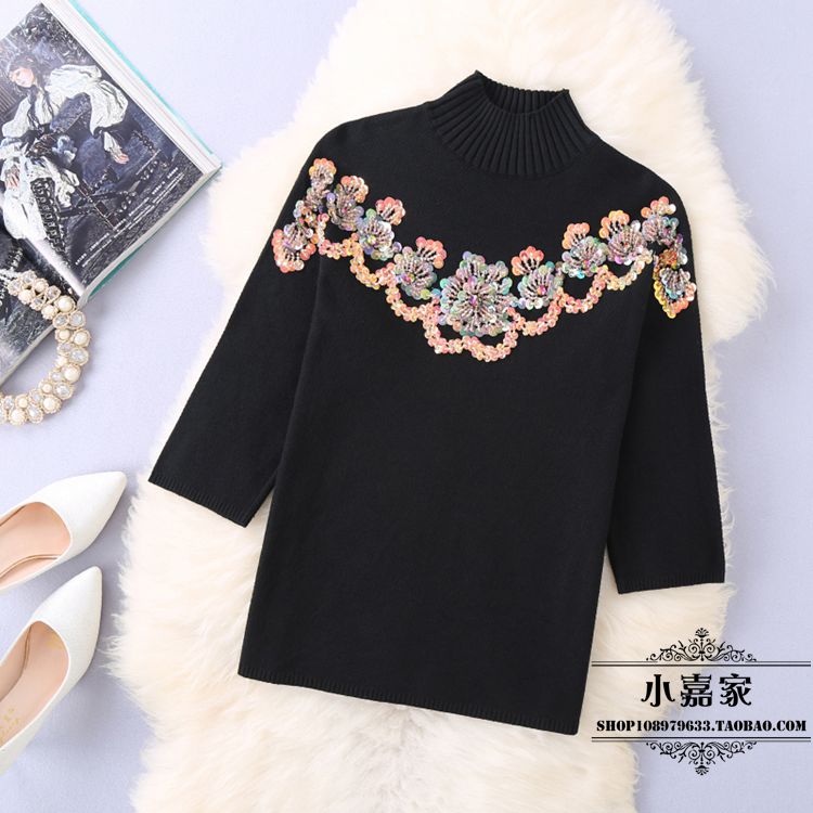 0针织衫钉珠镶钻亮片纯色七分袖