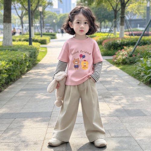 女童假两件条纹卡通长袖T恤