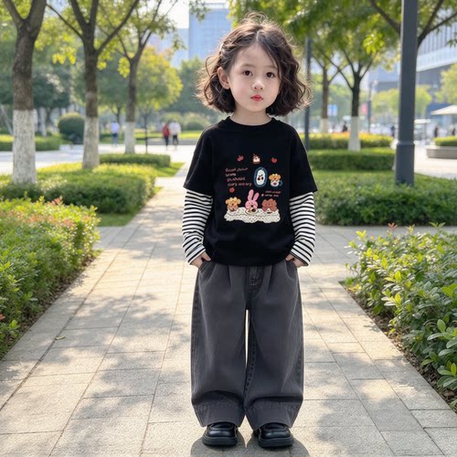 女童假两件条纹长袖T恤卡通印花打底衫宽松上衣2026韩版春秋童装