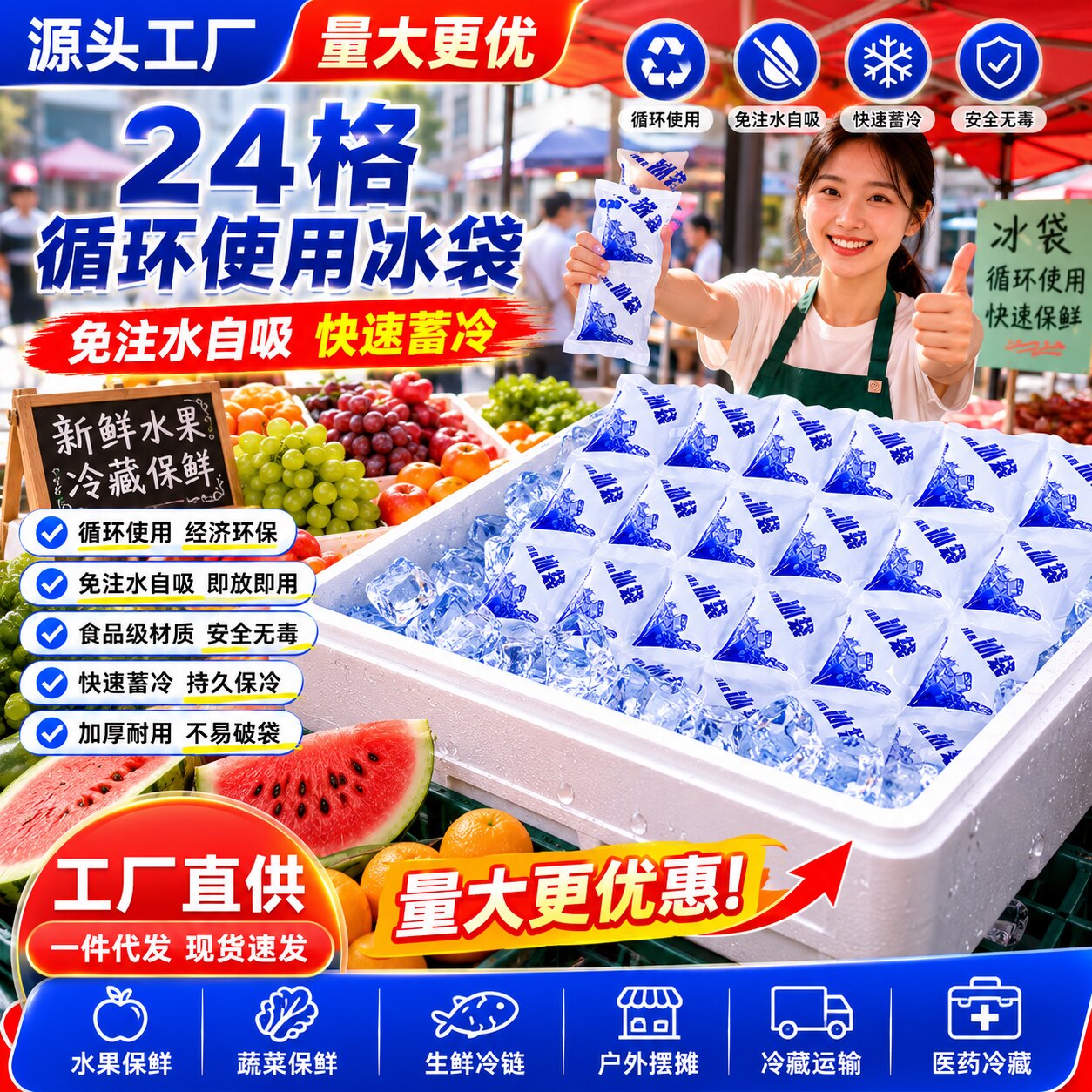 免注水冰袋厂家24格一次性自吸水冰袋生鲜水果保鲜冰包快递专用