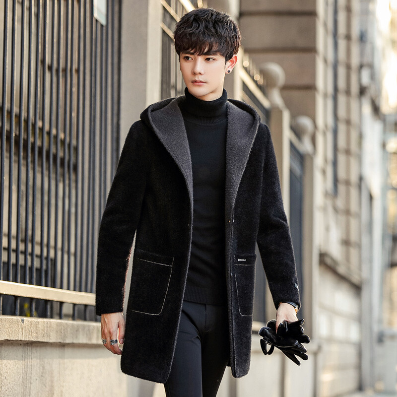 冬季外套男士金貂绒毛呢大衣连帽韩版中长款加绒加厚毛呢夹克男潮