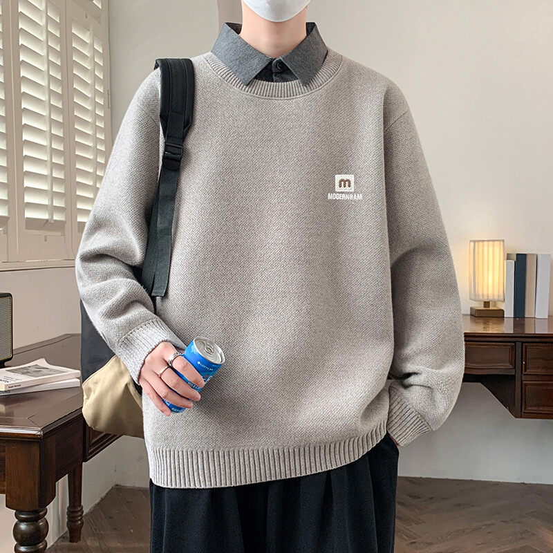 雪貂绒衬衫领加绒加厚毛衣秋冬季一体绒保暖毛线针织衫9085-P50元