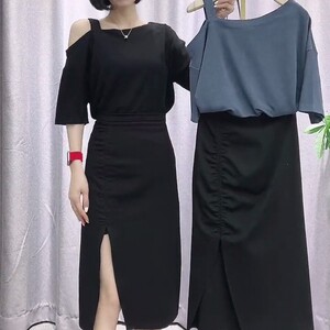 盐系炸街露肩宽松短袖T恤高腰开叉半身裙套装包臀裙子两件套女夏