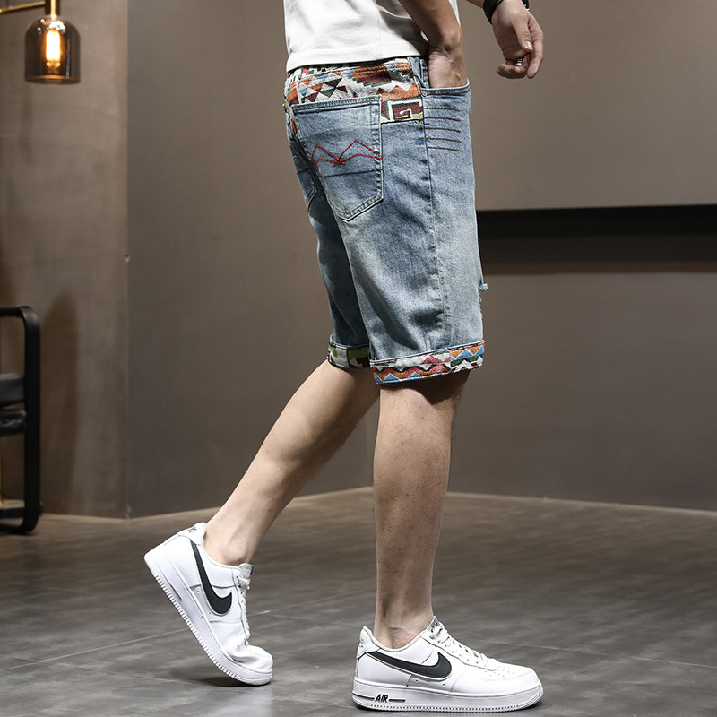 五分牛仔短裤男破洞夏季薄款韩版宽松直筒修身七分休闲中裤刺绣潮