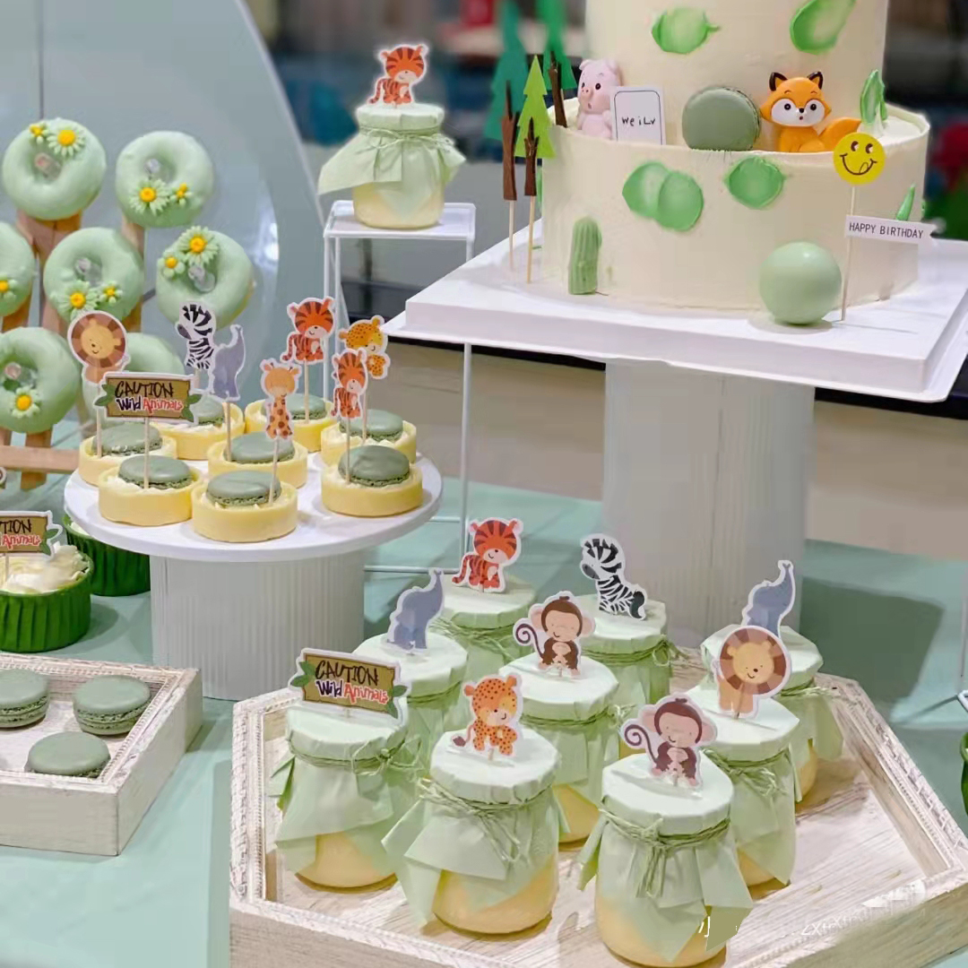森系绿色甜品台插件小猴子老虎动物园主题生日蛋糕装饰插牌推推乐