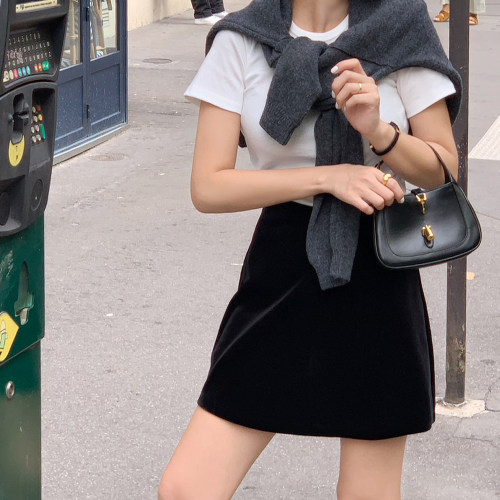 黑色垂感丝绒气质a字裙女小众