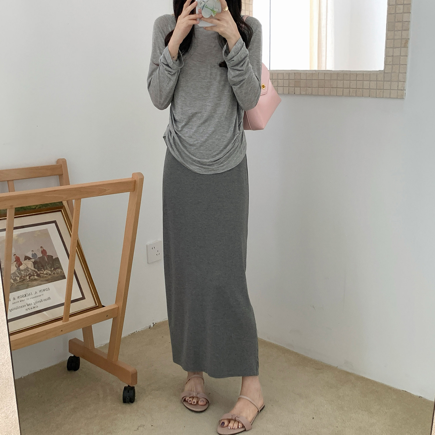 灰色莫代尔后开叉包臀裙通勤高腰显瘦半身裙女夏款直筒裙长裙子