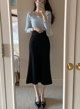 黑色西装斜裁鱼尾半身裙女2026夏季薄款气质长裙高腰显瘦包臀裙
