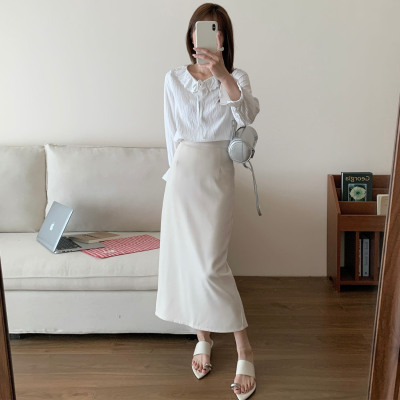 85复合丝后开叉裙75cm/85cm杏色