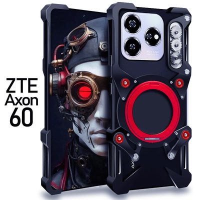 适用于ZTE中兴Axon60Ultra金属手机壳铝合金保护套磁吸支架旋转齿轮挂绳镂空散热透气硬外壳简约高级机械潮男