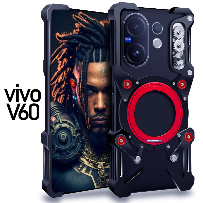 适用于vivoV60金属手机壳V50铝合金保护套磁吸支架旋转齿轮挂绳镂空散热透气硬外壳简约高级机械潮男加厚新款
