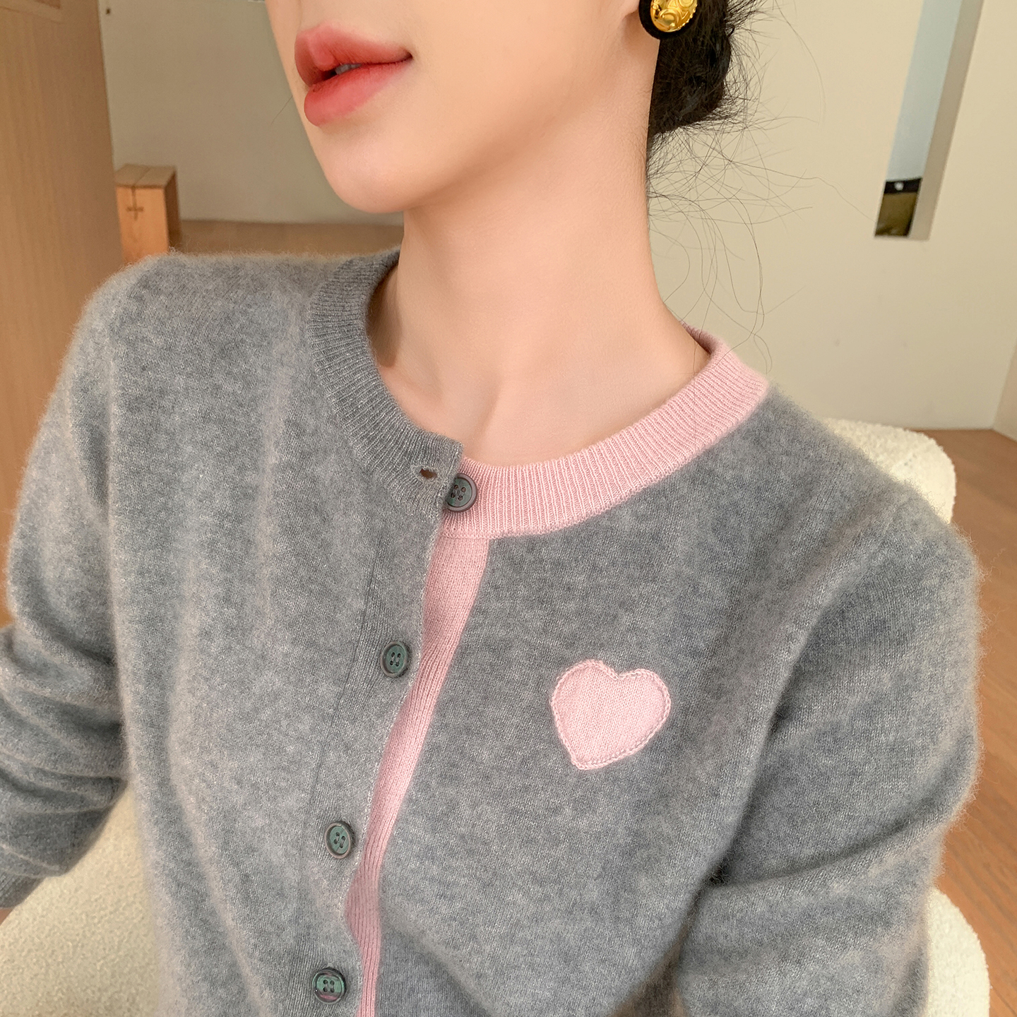 气质拼色100纯羊绒针织开衫女