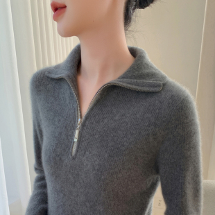 拉链半开领100纯山羊绒衫 女灰色毛衣宽松显瘦上衣软糯针织打底衫