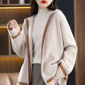 精纺100纯山羊绒连帽开衫女拼色拉链新款慵懒风宽松针织外套秋冬