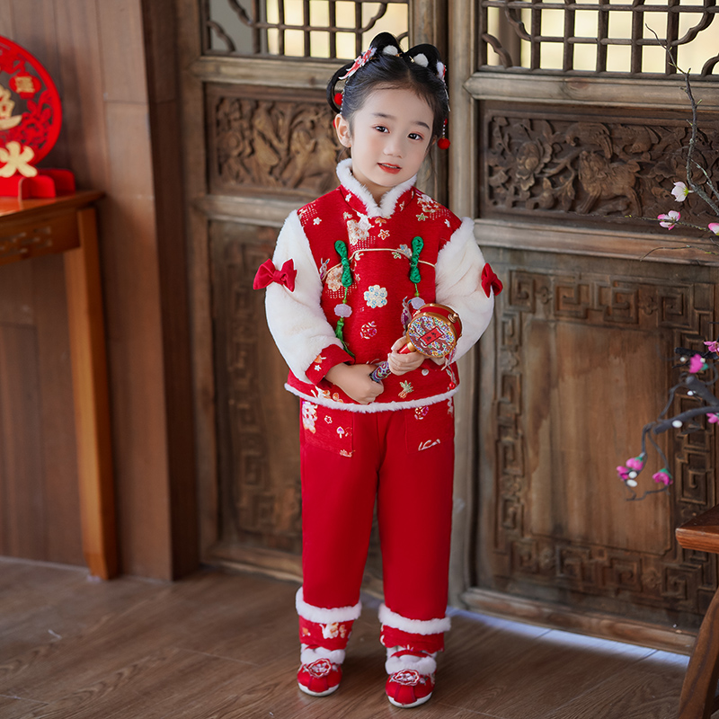 儿童汉服女童唐装秋冬装女宝宝拜年服中国风冬款加绒加厚年服新款