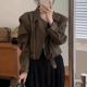 棕色pu皮衣外套女2025春秋新款 夹克机车服上衣 宽松港风小个子短款