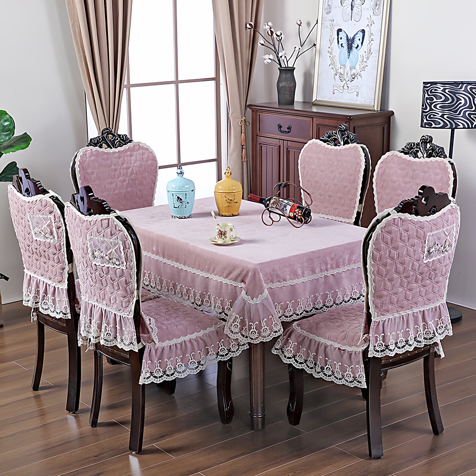 【清仓】简约现代纯色桌布蕾丝餐桌布艺椅子套罩欧式加大长方