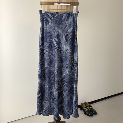 真丝水墨牛仔印花侧开叉半身裙