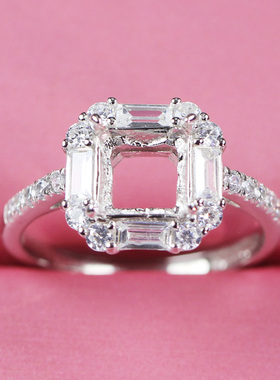 枕形肥正方女925纯银镀白金戒托